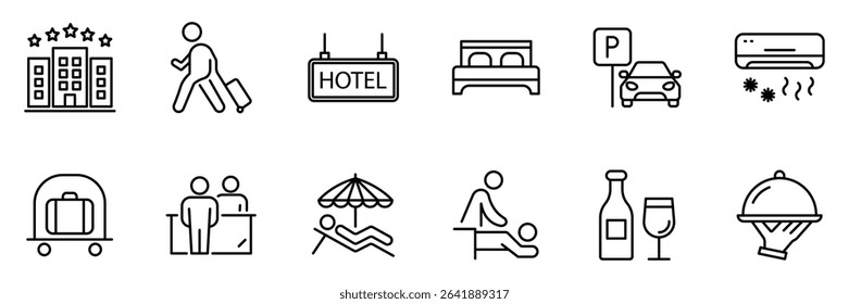 Hotel outline 12 icons set. Hotel universal set with Building, Parking, Meal. Hotel services, recreational rest, relax, travel. Vector illustration.