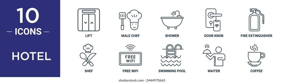 hotel outline icon set includes thin line lift, male chef, shower, door knob, fire extinguisher, shef, free wifi icons for report, presentation, diagram, web design