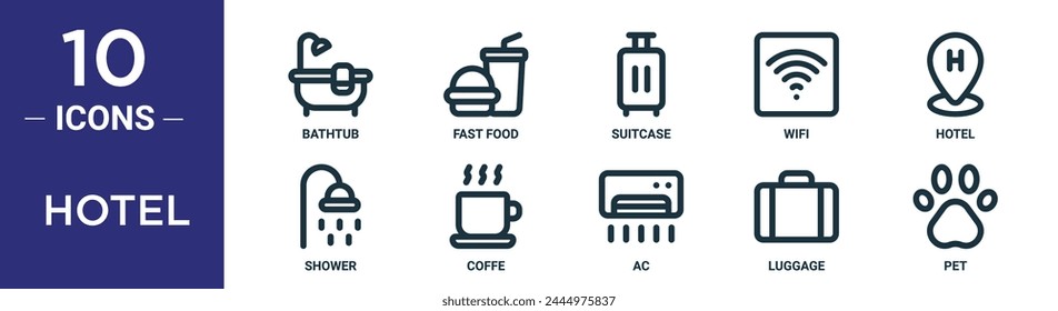 hotel outline icon set includes thin line bathtub, fast food, suitcase, wifi, hotel, shower, coffe icons for report, presentation, diagram, web design