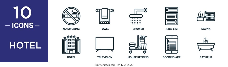 hotel outline icon set includes thin line no smoking, towel, shower, price list, sauna, hotel, television icons for report, presentation, diagram, web design