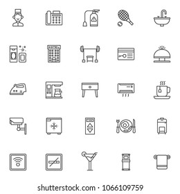 Hotel outline icons set. linear style symbols collection, line signs pack. vector graphics. Set includes icons as bell boy, fax machine, fire extinguisher, tennis racket and ball, hotel building