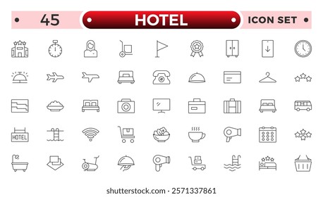 Hotel outline icons set. Rental property icons. Set of hotel booking, five-star hotel, service line vector web icon. Hotel universal set with Building, Parking, Meal, Air conditioner.
