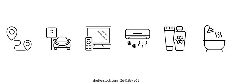 Hotel outline icons set. Hotel universal set with Building, Parking, Meal. Hotel services, recreational rest, relax, travel. Vector illustration.