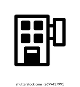 Hotel. Outlined stroke vector icon with black-filled details.