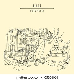 A hotel at Padang Padang surf beach, Bali, Indonesia, Asia. Surf board standing ready for surfing. Hand drawing. Travel sketchy postcard, poster or book illustration in vector