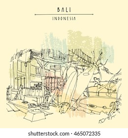 A hotel at Padang Padang surf beach, Bali, Indonesia, Asia. Surf board standing ready for surfing. Hand drawing. Travel sketchy postcard, poster or book illustration in vector