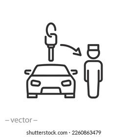 hotel parking icon, valet boy service, give key parking attendant, thin line symbol on white background - editable stroke vector illustration eps10