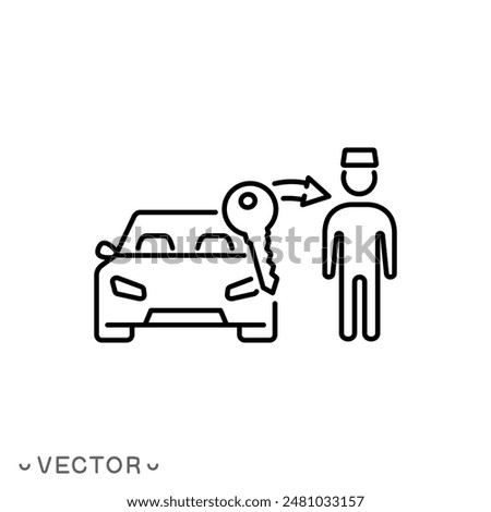 hotel parking icon, valet boy service, give key parking attendant, thin line symbol isolated on white background, editable stroke eps 10 vector illustration
