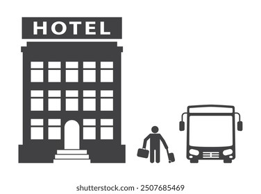 Hotel and person guest with lagguage near tourist bus icon