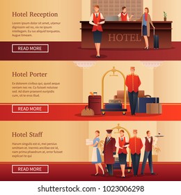 Hotel personnel set of flat horizontal banners with administrator at reception, porter with baggage isolated vector illustration