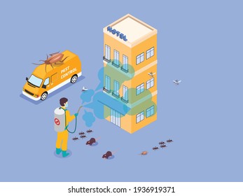 Hotel pest control 3D isometric vector concept for banner, website, illustration, landing page, flyer, etc