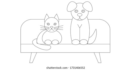 
Hotel for pets. Cat and dog on the couch. Vector graphics.