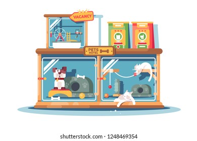 Hotel For Pets Filled With Dogs And Cats. Pet House Building With Vacancy Free Places Toys And Food Flat Style Concept Vector Illustration. Unique Cartoon Design For Business Website