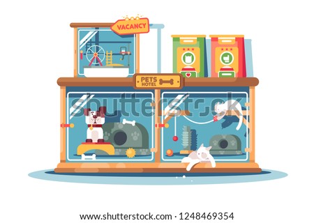 Hotel for pets filled with dogs and cats. Pet house building with vacancy free places toys and food flat style concept vector illustration. Unique cartoon design for business website