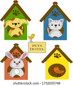 Hotel for pets. Vector illustration. Cartoon style. Set of four animal houses.