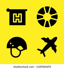 hotel, plane diagonal silhouette, helmet and life preserver vector icon set. Sample icons set for web and graphic design