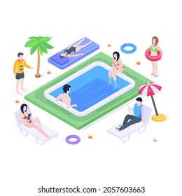 Hotel pool isometric illustration, editable vector 