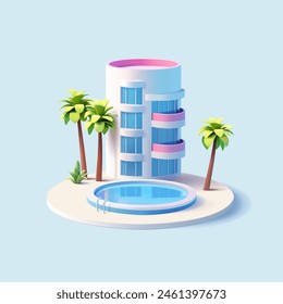 Hotel con piscina y palmeras, 3D. Edificio de gran altura. Para conceptos de vacaciones de verano en familia en un pueblo turístico, cerca del mar, o en la ciudad. Vector