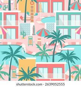 Hotel poolside scene seamless pattern. Palm trees, sun loungers, parasols, colorful motel buildings, pool area illustration in pastel colors. Sunny vibes. Summer vacation in mid-century modern style