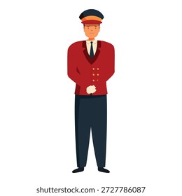 Portero de hotel con uniforme rojo y gorra de pie con las manos juntas, ofreciendo un servicio profesional y acogedor