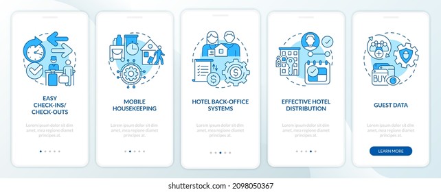 Hotel Property Management Systems Blue Onboarding Mobile App Screen. Tech Walkthrough 5 Steps Graphic Instructions Pages With Linear Concepts. UI, UX, GUI Template. Myriad Pro-Bold, Regular Fonts Used