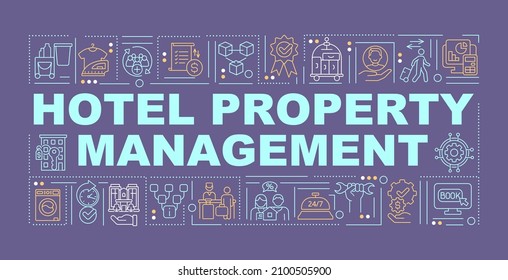 Hotel Property Management Word Concepts Purple Banner. Hospitality. Infographics With Linear Icons On Background. Isolated Typography. Vector Color Illustration With Text. Arial-Black Font Used