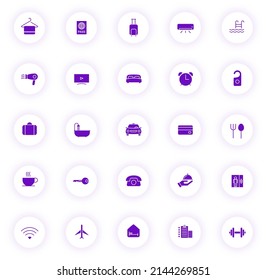 hotel purple color vector icons on light round buttons with purple shadow. hotel icon set for web, mobile apps, ui design and print