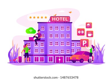 Hotel ranking. Vacation package. Tourist accommodation. Hotel facilities. All-inclusive hotel, luxury hospitality resort, all included service concept. Vector isolated concept creative illustration