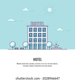 Hotel. Real estate concept. Business. 3d style. eps10. Flat vector illustration. Green line style. 