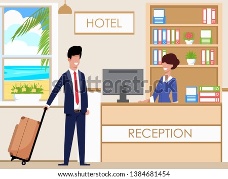 Hotel Reception Accommodates Guests, Cartoon. Female Hotel Administrator Happily Greets Guest at Reception Desk. Man with Suitcase is Talking to Girl from Hotel Accommodation Service.