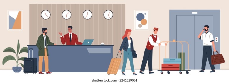 Hotel reception. Arriving guests at information, registration desk, receptionist at work, baggage porter helps woman, isolated characters, cartoon flat style nowaday vector tourism concept