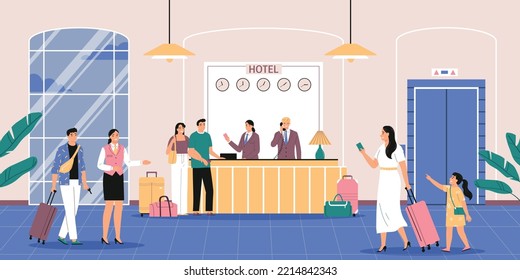 Hotel reception background with service and booking symbols flat vector illustration