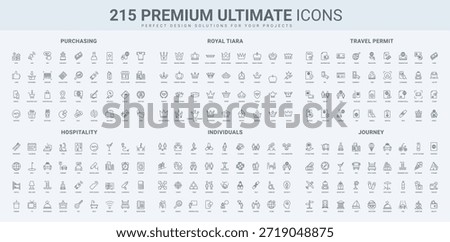 Hotel reception, bed and breakfast, different crowns, individuals interaction line icon set. Shopping support, discount on purchase in retail store, thin black outline symbols vector illustration