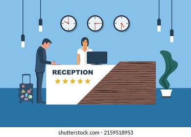 Hotel reception. The businessman client is at registration stand. Woman registrar accepts the client. Hotel booking concept. Reception desk. Vector illustration flat design. Manager accepts tourist.