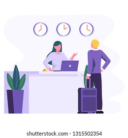 Hotel reception cartoon background with manager behind registration desk and tourist with suitcases vector illustration