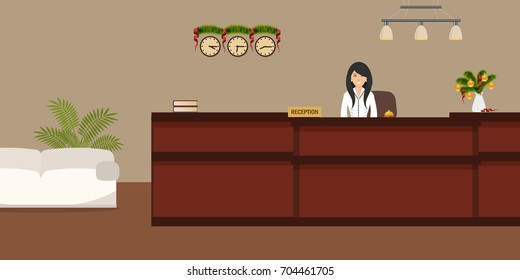 Hotel reception with Christmas decoration. Young woman receptionist stands at reception desk. Travel, hospitality, hotel booking concept. Vector illustration