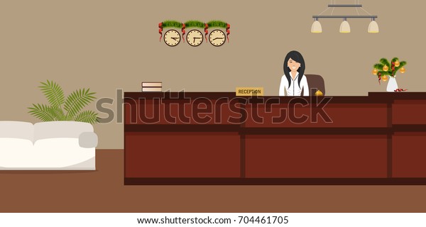 Hotel Reception Christmas Decoration Young Woman Stock Vector