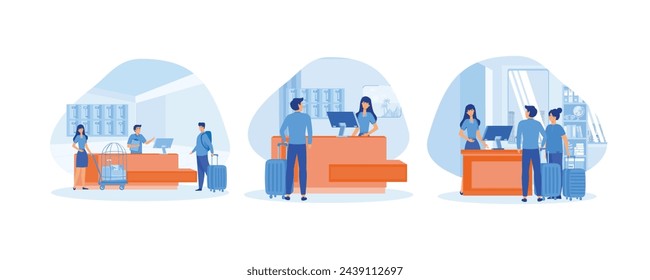 Hotel reception concept. Male customer standing at reception desk and talking to female receptionist. Scene of a visit to a service center. Set flat vector modern illustration