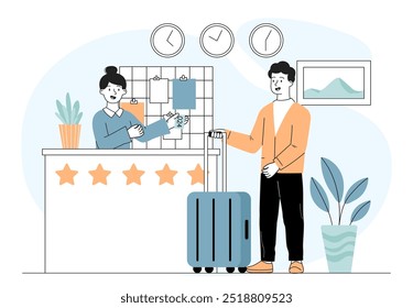 Conceito de recepção do hotel. Homem com mala conversando com a mulher no hotel. Recepcionista com cliente. Férias e férias. Viagens e turismo. Ilustração de vetor linear isolada no plano de fundo branco