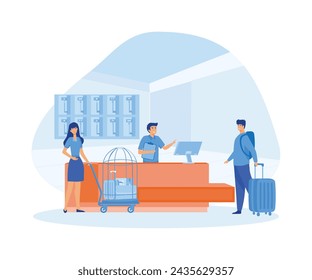 Hotel reception concept. Tourist or traveller people standing at desk in office lobby room interior, guests talking with receptionist. flat vector modern illustration 