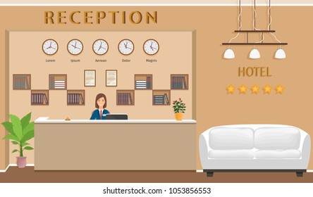 Hotel reception counter with receptionist and sofa. Resort hall interior design with woman employee.