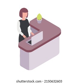 Hotel Reception Desk With Female Worker And Laptop 3d Isometric Vector Illustration