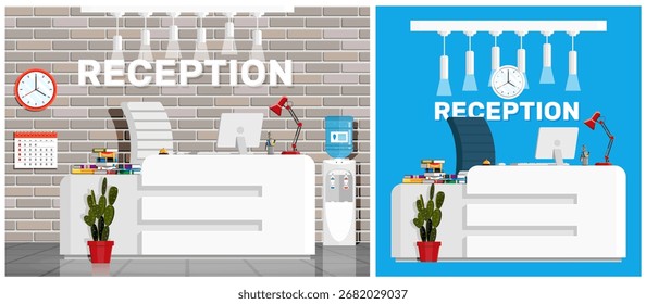 Hotel reception desk interior in a flat style stock vector set. Hotel or office lobby with a worker place and brick wall.
