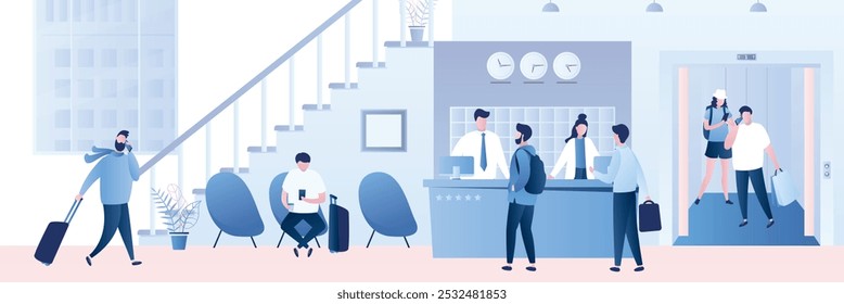 Recepción del hotel, interior con muebles, recepcionistas de varias personas y viajeros con equipaje. Escalera y ventana, gente en ascensor. Personajes y Elementos en estilo de moda, Vector plano