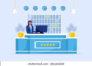 Hotel Reception Desk Interior With Receptionist. Hostel Lobby With Staff. Accommodation Service Concept. Vector Cartoon Design