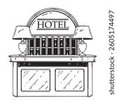 Hotel reception desk, lobby doodle interior, vector hand drawn motel information table, vintage lamp. Hostel registration entrance concept accommodation help service line illustration. Hotel reception
