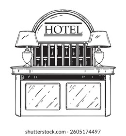 Hotel reception desk, lobby doodle interior, vector hand drawn motel information table, vintage lamp. Hostel registration entrance concept accommodation help service line illustration. Hotel reception