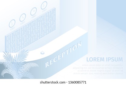 Hotel Reception Desk Vector Isometric Illustration. Modern Hotel Entrance Lobby Hall Interior. White Contemporary Counter Render Mockup. Business Building Office Administrator Table.