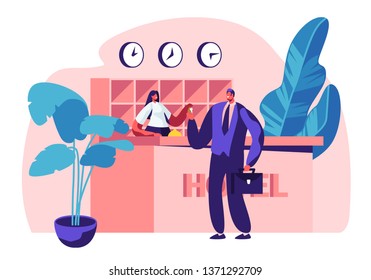 Hotel Reception. Female Manager, Receptionist Character Behind Desk Give Room Key to Businessman Guest at Hall. Lobby Interior, Tourism, Business Trip. Interior of Inn.Cartoon Flat Vector Illustration