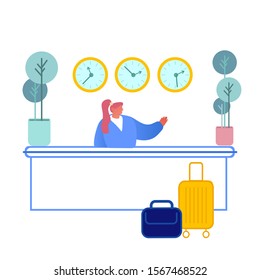 Hotel Reception. Female Manager Receptionist Character Behind Desk Give Room Key to Guests at Hall. Modern Motel Inn Lobby Interior. Hospitality Tourism Business Trip. Cartoon Flat Vector Illustration